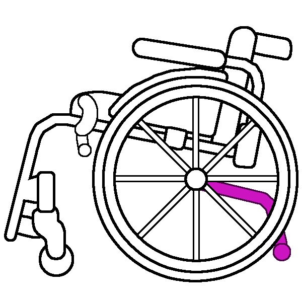 A black and white rigid wheelchair in profile with a bright pink anti tipper.